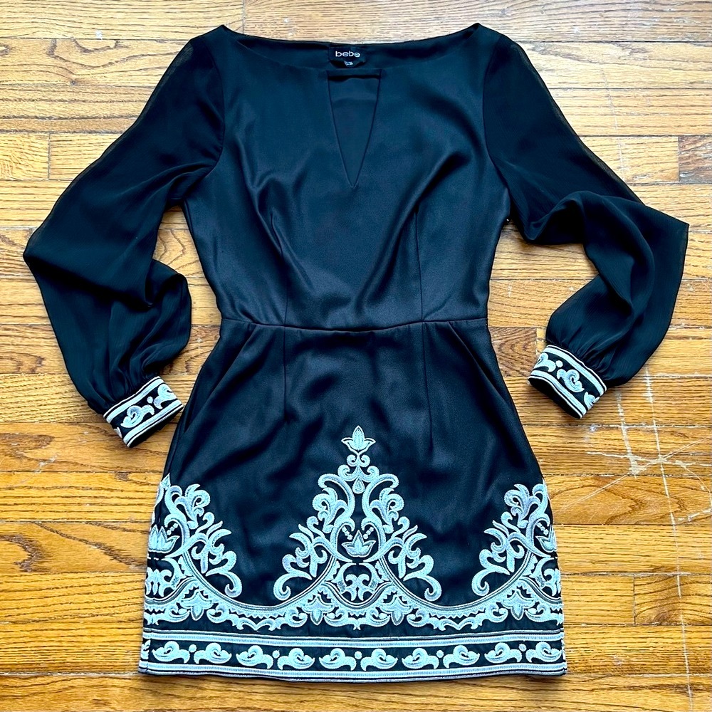Bebe Black Dress with Intricate White Embroidery